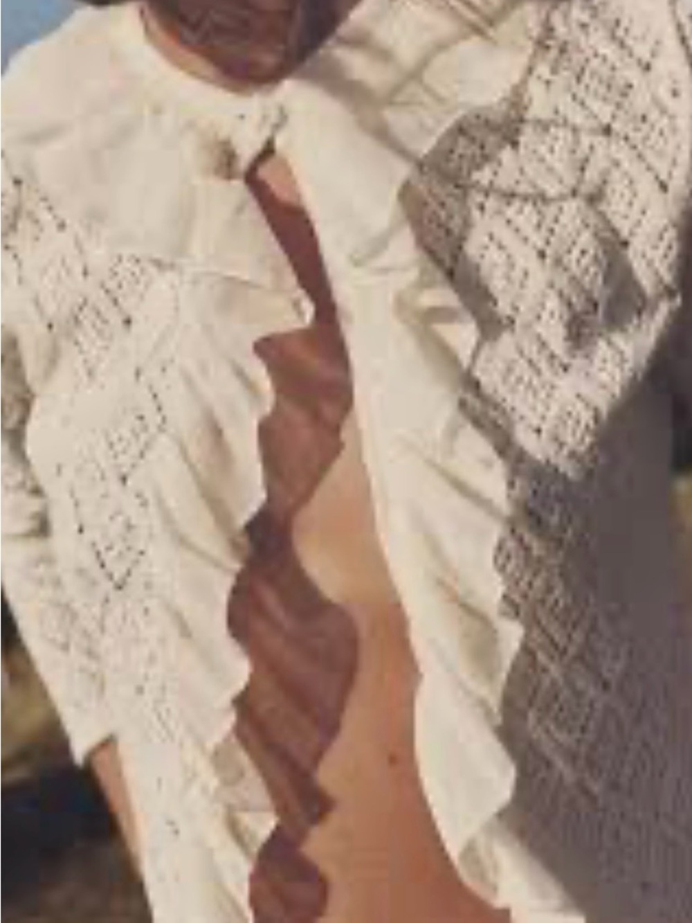 Altar'd State Cream Ruffle-Front Knit Top with Pearl Accent